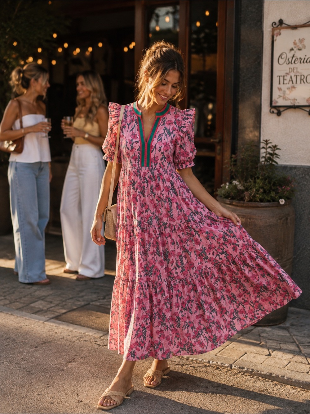 Pink Floral Entro Maxi Dress | Ruffle Sleeve | Green Trim | Cottagecore Chic